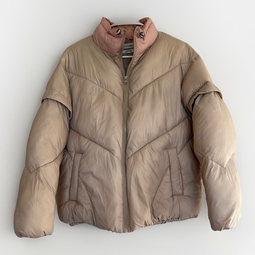 Native Youth Contrast Collar Puffer Coat Nude Stone Streetwear Zip Feminine XS